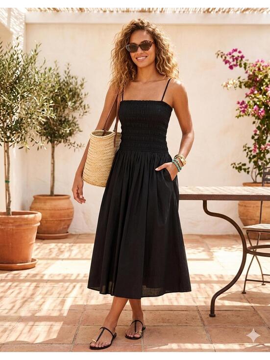 Madewell Dresses & Skirts - Madewell Black Smocked Bodice Midi Dress Spaghetti Straps